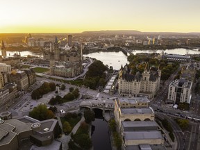 Downtown Ottawa at golden hour from the air