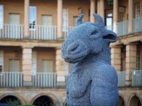 "Minotaur" by British sculptor Sophie Ryder is displayed in the courtyard of the historic Piece Hall on Feb. 10, 2022 in Halifax, England.