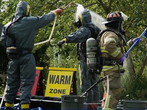 Police in protective suits being decontaminated