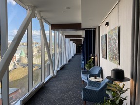 La Galerie de la Passerelle in the glass walkway linking the historic building to the new section of Le Capitole Hotel offers both beautiful works of art and a great view of Old Quebec.