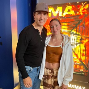 Prime Minister Justin Trudeau posted a photo on Instagram of himself with his daughter Ella, 14, while seeing the movie Oppenheimer together on Tuesday, Aug. 8, 2023.