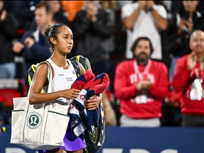Leylah Fernandez of Canada walks off the court after her 6-2, 6-3 loss to Danielle Collins of the United States on Day 4 during the National Bank Open at Stade IGA on Aug. 10, 2023 in Montreal.
