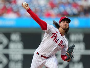 Michael Lorenzen of the Philadelphia Phillies pitches in the top of the first inning against the Washington Nationals at Citizens Bank Park on Aug. 9, 2023 in Philadelphia.