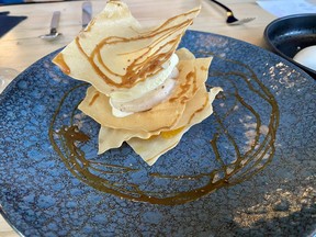 Mirufiiyu dessert at Bo Cuisine d’Asie made with spring roll crisps, sancho pepper orange supreme, and camelina praline.