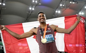 Pierce Lepage celebrates his gold in the men’s decathlon at the World Athletics Championships. GETTY IMAGES