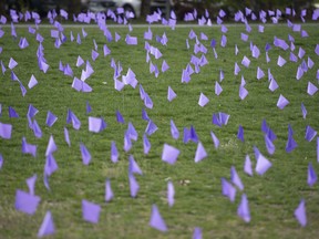 A field of flags planted in Richmond, B.C., each representing an overdose death, on April 14, 2023.
