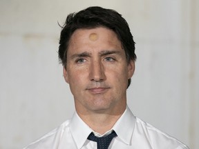 Prime Minister Justin Trudeau wears a bandage on his forehead.