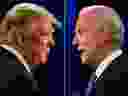 This combination of file pictures created on October 22, 2020 shows US President Donald Trump (L) and Democratic Presidential candidate and former US Vice President Joe Biden during the final presidential debate at Belmont University in Nashville, Tennessee, on October 22, 2020. 