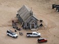 FILE - This aerial photo shows the Bonanza Creek Ranch in Santa Fe, N.M., on Oct. 23, 2021, used for the film "Rust." Prosecutors have received a second expert analysis of the revolver fired in the fatal shooting of a cinematographer by Alec Baldwin on the set of a Western film in New Mexico, as they weigh whether to refile charges against the actor.