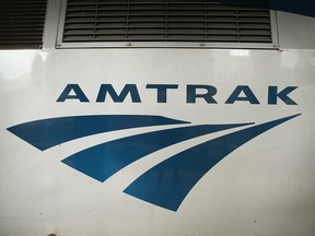 An Amtrak train sits in Union Station