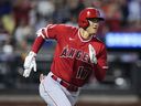 Los Angeles Angels' Shohei Ohtani, of Japan, runs for a double during the third inning of the team's baseball game against the New York Mets, Friday, Aug. 25, 2023, in New York.