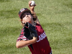Canada's Jaxon Weir (17) delivers a pitch against Czech Republic during the first inning of a baseball game at the Little League World Series tournament in South Williamsport, Pa., Saturday, Aug. 19, 2023.
