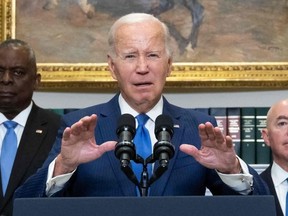 U.S. President Joe Biden speaks about the government response and recovery efforts in Maui, Hawaii, and the ongoing response on Hurricane Idalia, in the Roosevelt Room of the White House in Washington, D.C., on Aug. 30, 2023