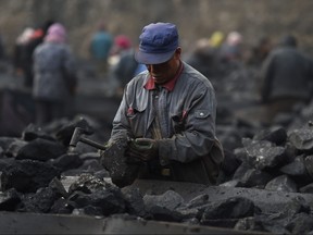 This file photo taken on Nov. 20, 2015 shows a worker sorting coal on a conveyer belt, near a coal mine at Datong in northern China's Shanxi province.