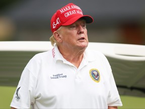 Former president Donald Trump looks on during the pro-am prior to the LIV Golf Invitational - Bedminster at Trump National Golf Club on Aug. 10, 2023 in Bedminster, N.J.