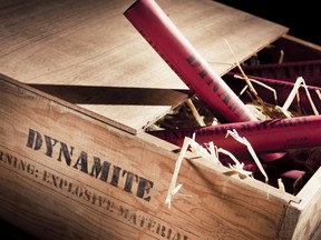 Dynamite sticks on wooden a box