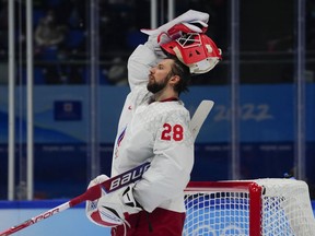FILE - Russian Olympic Committee goalkeeper Ivan Fedotov (28) reacts after a goal by Finland's Hannes Bjorninen during the men's gold medal hockey game at the 2022 Winter Olympics, Sunday, Feb. 20, 2022, in Beijing. The International Ice Hockey Federation has ruled in favor of the Philadelphia Flyers by agreeing that Russian goaltender Ivan Fedotov had a valid NHL contract for the upcoming season. The decision rendered Monday, Aug. 14, 2023, paves the way for Fedotov to play in North America, like he planned to do a year ago before being conscripted into the Russian military.
