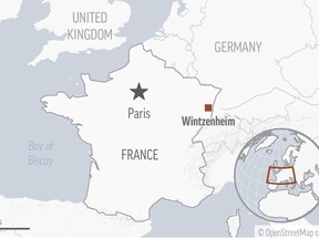 This graphic shows the location of a fire that broke out early on Wednesday, Aug. 9, 2023 in a holiday home for people with disabilities, in Wintzenheim, eastern France.