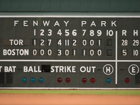 A general view of the Green Monster scoreboard after the Toronto Blue Jays defeated the Boston Red Sox at Fenway Park on July 22, 2022 in Boston.