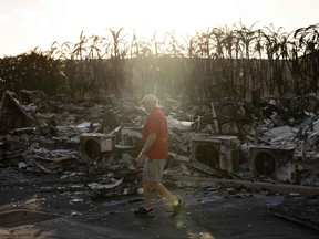 A resident looks around a charred apartment complex in the aftermath of a wildfire in Lahaina, western Maui, Hawaii on Aug. 12, 2023.
