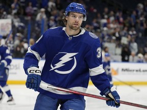 FILE - Tampa Bay Lightning left wing Brandon Hagel (38) skates before an NHL hockey game against the New York Islanders Saturday, April 1, 2023, in Tampa, Fla. The Tampa Bay Lightning have signed forward Brandon Hagel, Tuesday, Aug. 22, to an eight-year extension worth $52 million.
