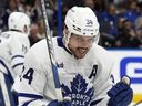 Toronto Maple Leafs center Auston Matthews (34) celebrates his goal against the Tampa Bay Lightning during the first period in Game 3 of an NHL hockey Stanley Cup first-round playoff series Saturday, April 22, 2023, in Tampa, Fla.