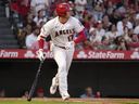 Los Angeles Angels' Shohei Ohtani heads to first during the as he lines out during the second inning in the second baseball game of a doubleheader against the Cincinnati Reds Wednesday, Aug. 23, 2023, in Anaheim, Calif.
