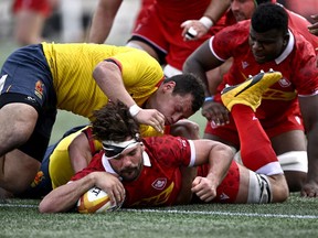Canada's Lucas Rumball (7) scores a try during the second half of men's 15s international rugby action against Spain in Ottawa, on Sunday, July 10, 2022.