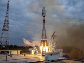 In this image made from video released by Roscosmos State Space Corporation, the Soyuz-2.1b rocket with the moon lander Luna-25 automatic station takes off from a launch pad at the Vostochny Cosmodrome in the Russian Far East on Friday, Aug. 11, 2023.