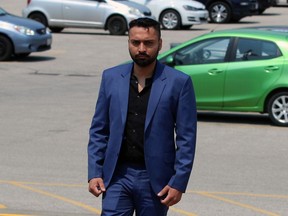 Harvinder Singh walks toward the Sarnia courthouse in May 2023. Singh was found guilty Thursday, Aug. 24, 2023, of importing cocaine into Canada in a tractor-trailer over the Blue Water Bridge and will be sentenced this fall. (Terry Bridge/Sarnia Observer)