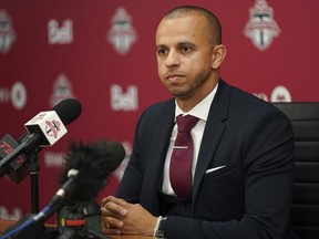 Jason Hernandez, the newly appointed general manager of Toronto FC, speaks to the media during a press conference in Toronto on Tuesday, June 27, 2023. Seven weeks into his tenure as Toronto FC's general manager and Hernandez's to-do list remains extensive.