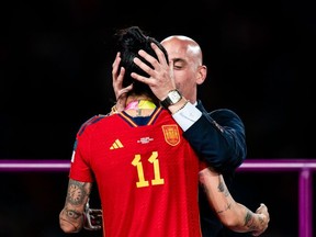 Luis Rubiales kisses Jennifer Hermoso of Spain during the medal ceremony of FIFA Women's World Cup on Aug. 20.