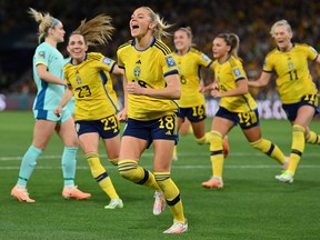 Fridolina Rolfo of Sweden celebrates scoring her team's first goal during the FIFA Women's World Cup Australia and New Zealand 2023 Third Place Match match between Sweden and Australia at Brisbane Stadium on Aug. 19, 2023 in Brisbane, Australia.