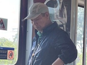 An image released by Toronto Police of a suspect in an indecent act investigation on the TTC on Aug. 6, 2023.