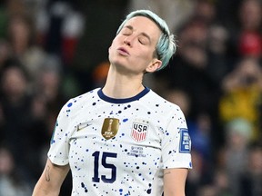 USA forward Megan Rapinoe reacts after failing to score