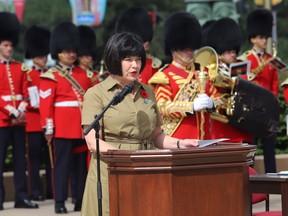 Veterans Affairs Minister Ginette Petitpas Taylor speaks at the National Peacekeepers' Day ceremony in Ottawa, Sunday, Aug. 13, 2023.