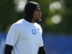 Indianapolis Colts running back Jonathan Taylor watches drills during practice at the NFL team's football training camp.