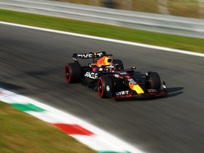 Max Verstappen of the Netherlands driving the (1) Oracle Red Bull Racing RB19 on track during practice ahead of the F1 Grand Prix of Italy.