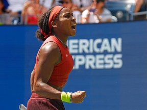 Coco Gauff reacts after winning her Women's Singles Quarterfinal match against Jelena Ostapenko of Latvia at the 2023 US Open.