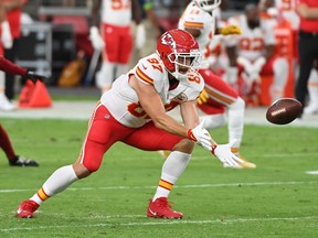 Travis Kelce of the Kansas City Chiefs catches a pass during the first quarter of a preseason game against the Arizona Cardinals.