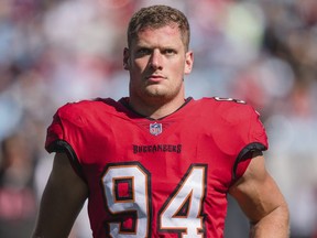 Tampa Bay Buccaneers linebacker Carl Nassib looks on during an NFL football game against the Carolina Panthers.