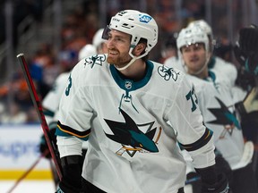 San Jose Sharks’ Noah Gregor celebrates the second of two goals on Edmonton Oilers’ goaltender Mikko Koskinen.