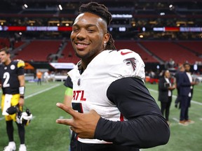 Bijan Robinson of the Atlanta Falcons reacts at the conclusion of a preseason game against the Pittsburgh Steelers.