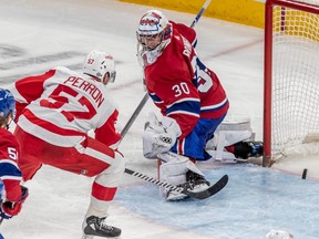Detroit Red Wings winger David Perron scores against the Montreal Canadiens goaltender Cayden Primeau.