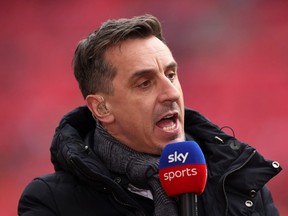 Sky Sports pundit, Gary Neville speaks during the Carabao Cup final.