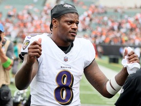 Lamar Jackson of the Baltimore Ravens celebrates after the game against the Cincinnati Bengals.