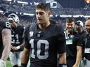 Jimmy Garoppolo of the Las Vegas Raiders walks off the field after a loss to the Pittsburgh Steelers.