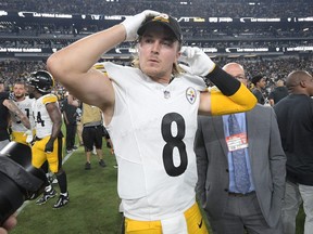 Kenny Pickett of the Pittsburgh Steelers looks on after a win over the Las Vegas Raiders.