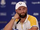 Jon Rahm of Team Europe speaks in a press conference during a practice round prior to the 2023 Ryder Cup.