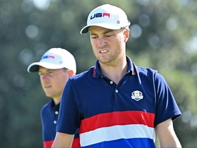 U.S. golfers Jordan Spieth (left) and Justin Thomas on the 2nd green during practice ahead of the 44th Ryder Cup.